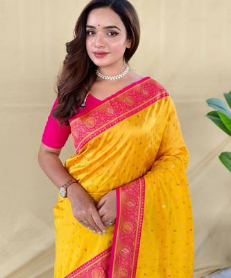 Yellow art silk  woven saree 5
