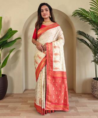 Cream art silk  woven saree 1