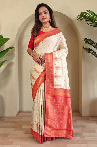 Cream art silk  woven saree