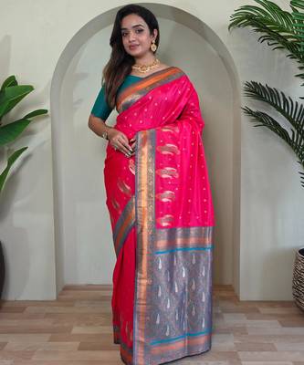 Hot pink art silk  woven saree 1