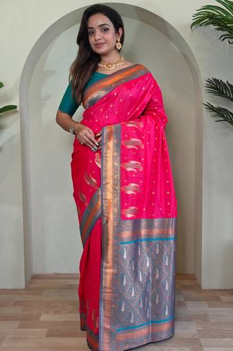 Hot pink art silk  woven saree