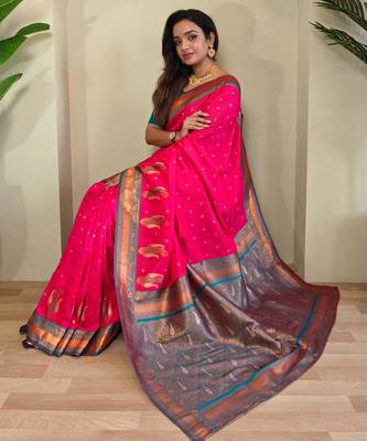 Hot pink art silk  woven saree 3