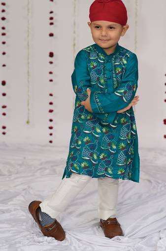 Teal blue embroidered pure silk kurta set