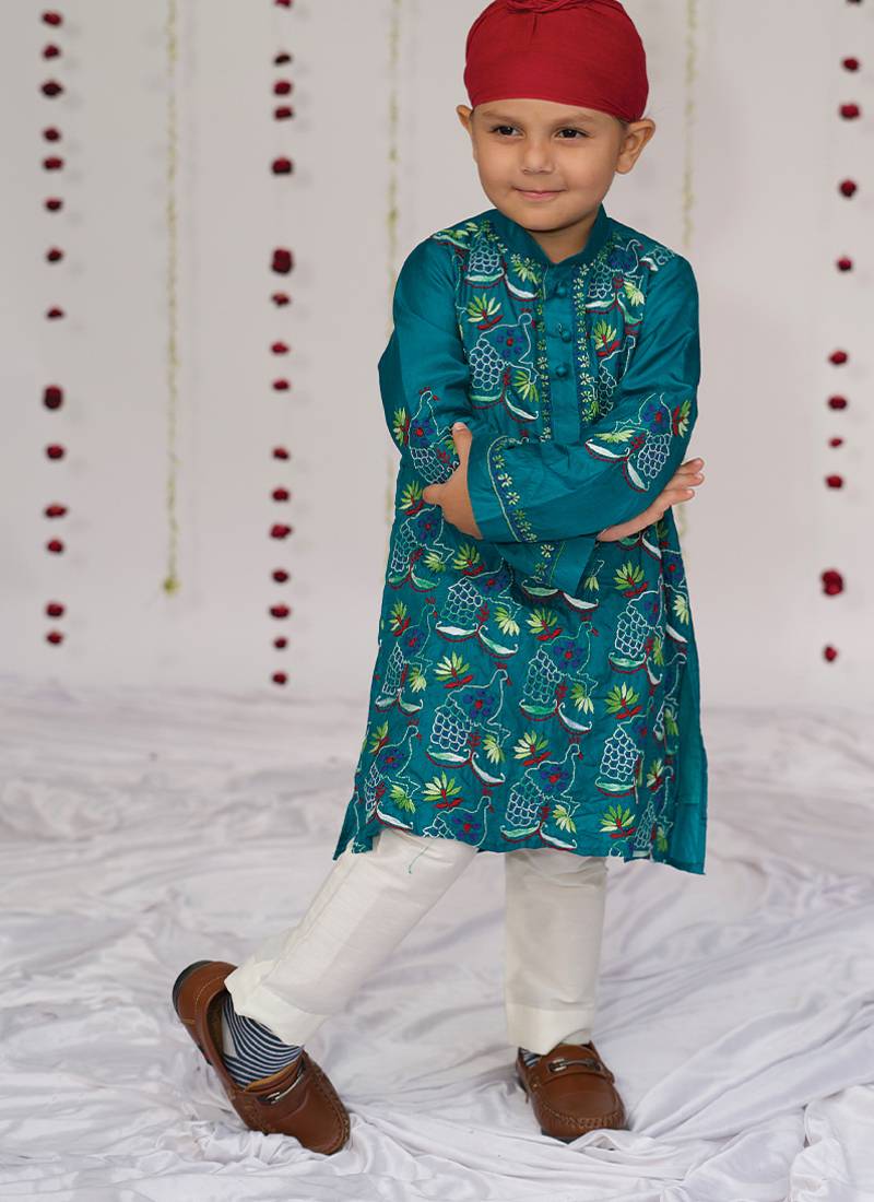 Teal blue embroidered pure silk kurta set