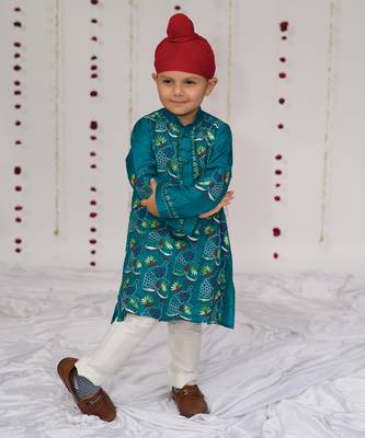 Teal blue embroidered pure silk kurta set 1