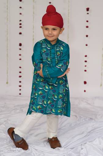 Teal blue embroidered pure silk kurta set