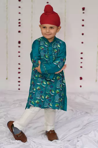 Teal blue embroidered pure silk kurta set