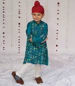 Teal blue embroidered pure silk kurta set