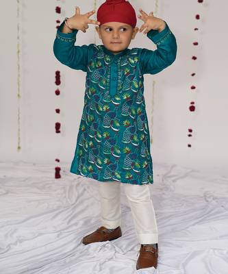 Teal blue embroidered pure silk kurta set 2