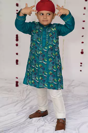 Teal blue embroidered pure silk kurta set