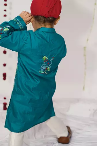 Teal blue embroidered pure silk kurta set