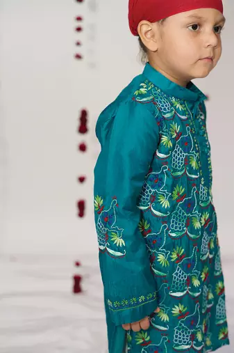 Teal blue embroidered pure silk kurta set