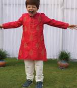 Red embroidered pure silk kurta set