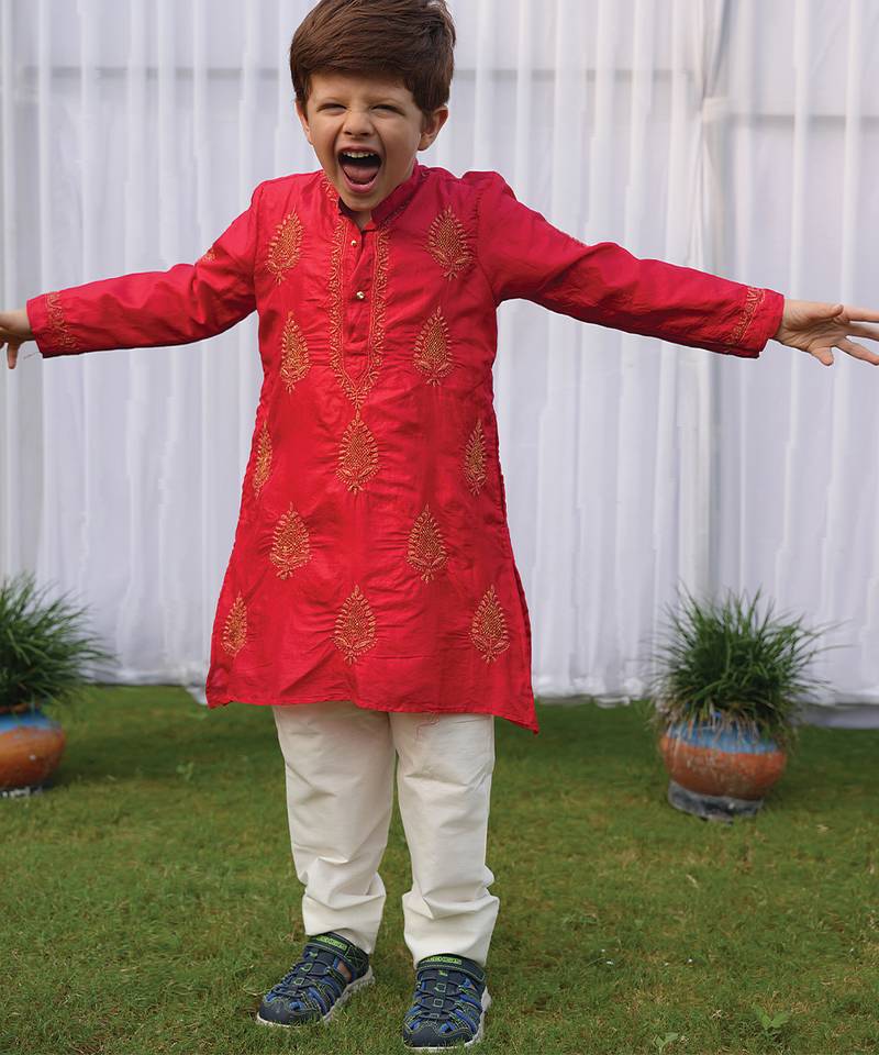 Red embroidered pure silk kurta set