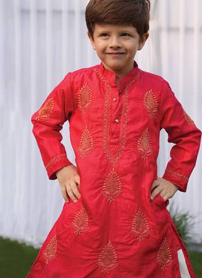 Red embroidered pure silk kurta set 2