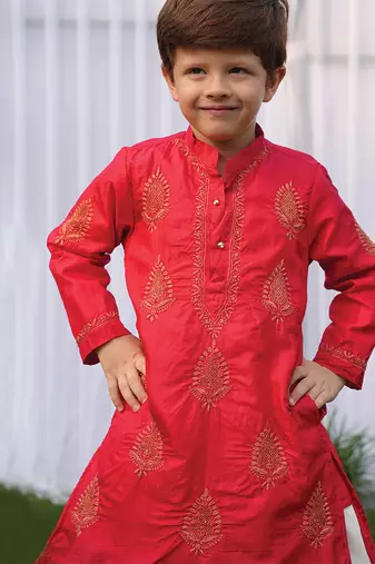 Red embroidered pure silk kurta set