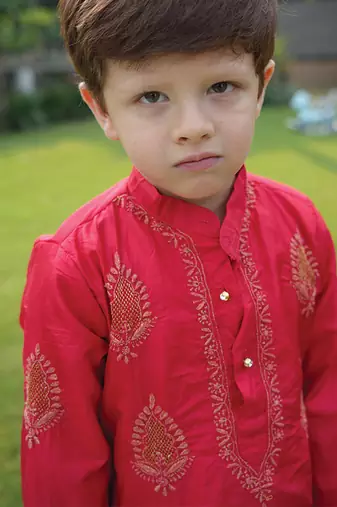 Red embroidered pure silk kurta set