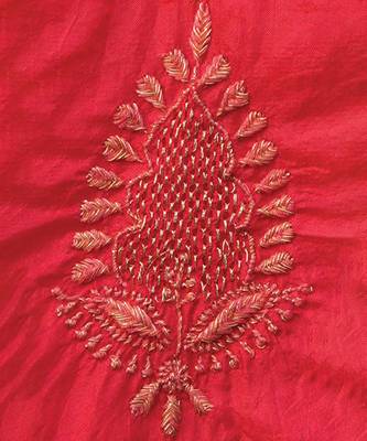 Red embroidered pure silk kurta set 5