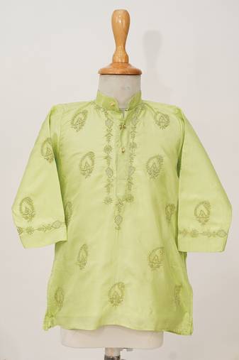 Green embroidered pure silk kurta set