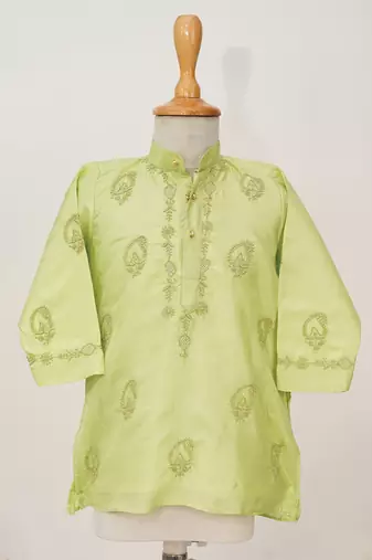Green embroidered pure silk kurta set