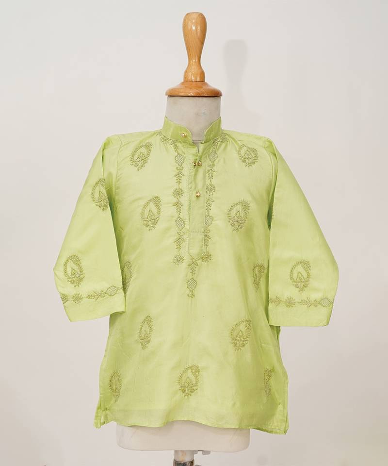 Green embroidered pure silk kurta set