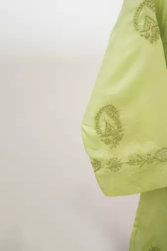 Green embroidered pure silk kurta set
