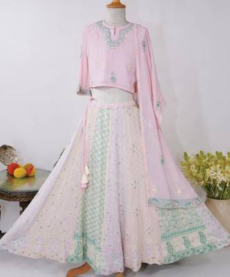 Pink embroidered georgette lehenga set 1