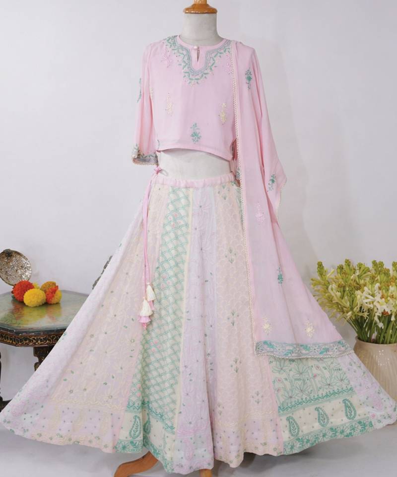 Pink embroidered georgette lehenga set