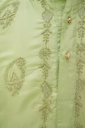 Green embroidered pure silk kurta set