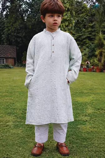 Light grey embroidered georgette kurta set