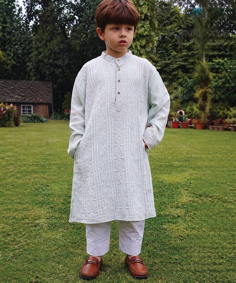 Light grey embroidered georgette kurta set