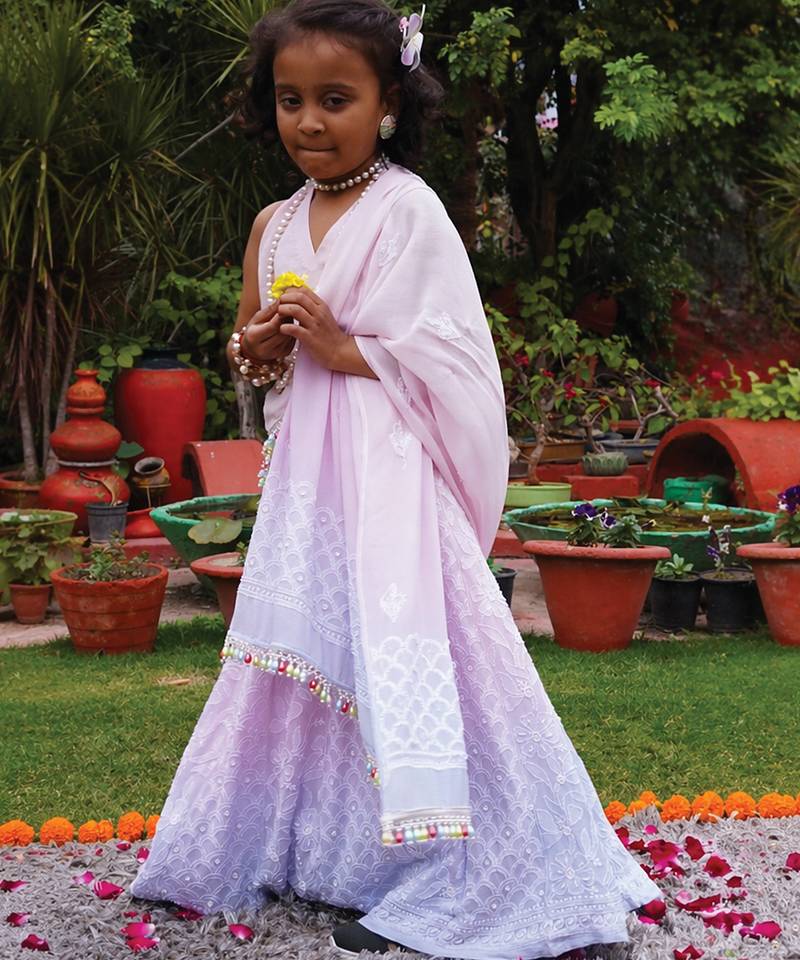 Pink embroidered pure georgette lehenga set