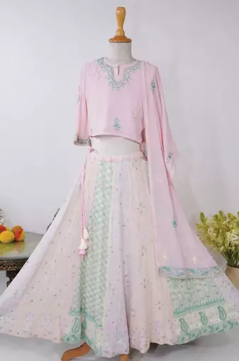 Pink embroidered georgette lehenga set