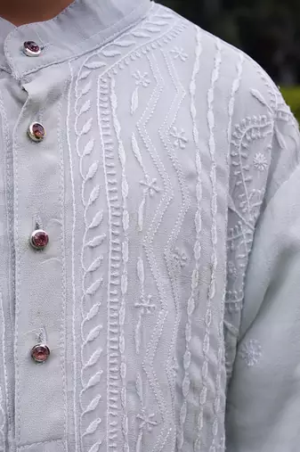 Light grey embroidered georgette kurta set