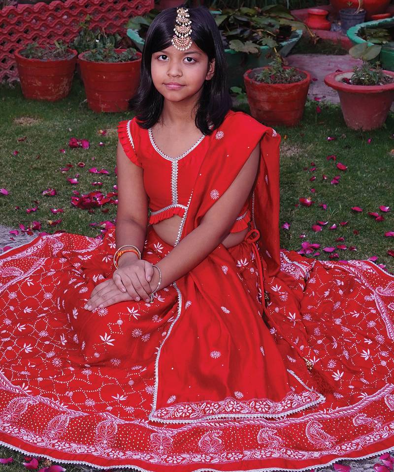 Red embroidered chanderi lehenga set