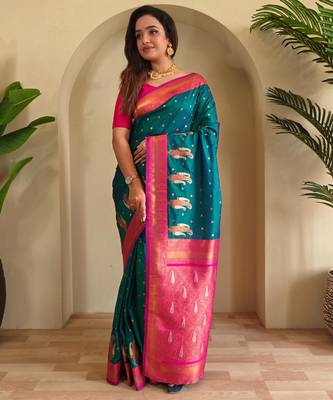 Teal art silk  woven saree 1