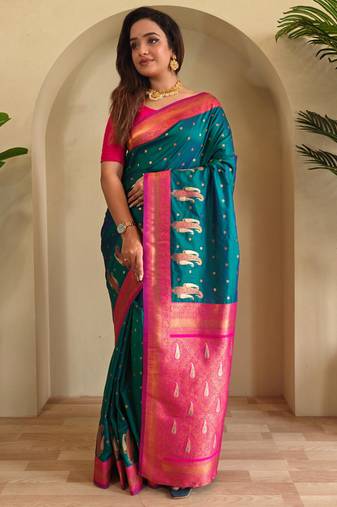 Teal art silk  woven saree