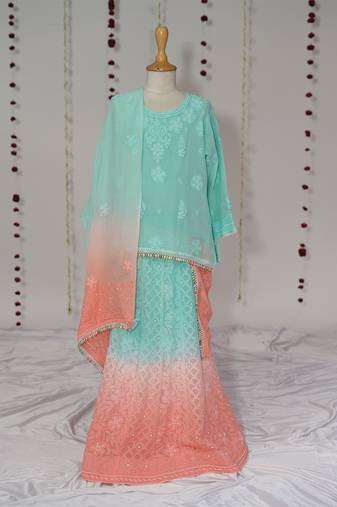 sea green and peach ombre  embroidered georgette lehenga set