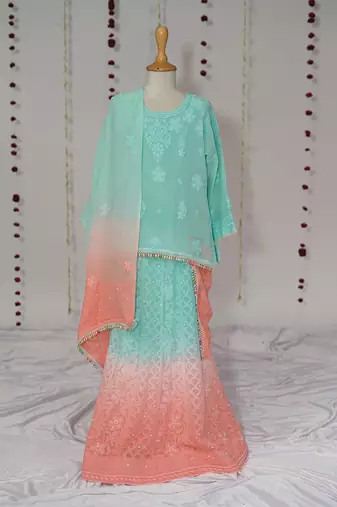 sea green and peach ombre  embroidered georgette lehenga set