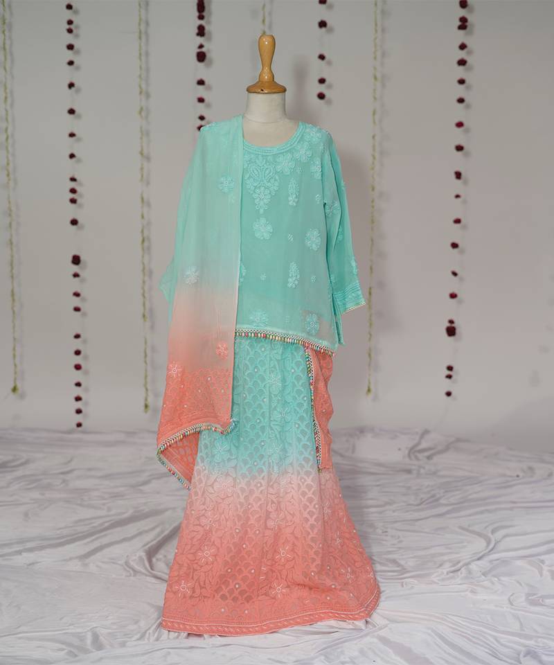 sea green and peach ombre  embroidered georgette lehenga set