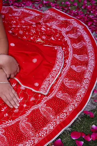 Red embroidered chanderi lehenga set