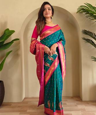 Teal art silk  woven saree 2