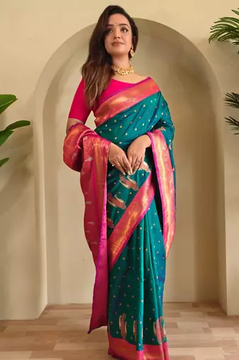 Teal art silk  woven saree