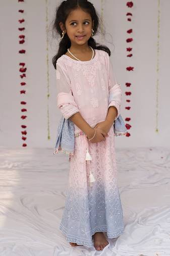 Pink and blue ombre embroidered georgette lehenga set