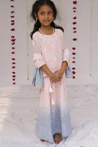 Pink and blue ombre embroidered georgette lehenga set