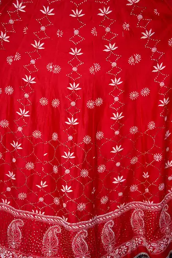Red embroidered chanderi lehenga set