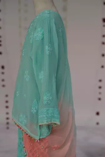 sea green and peach ombre  embroidered georgette lehenga set