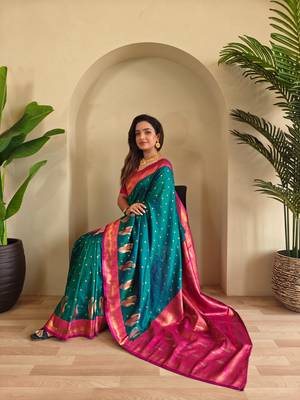 Teal art silk  woven saree 3