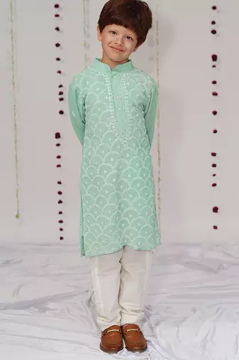 Sea green embroidered georgette kurta set