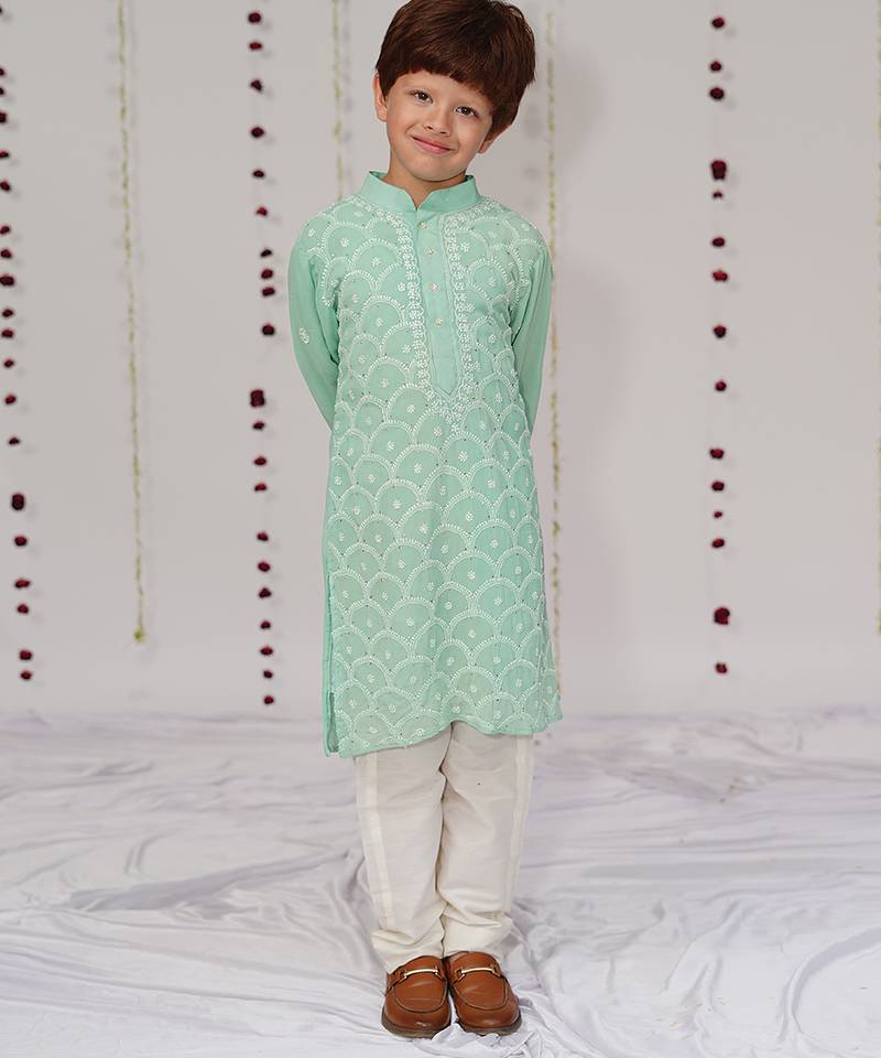 Sea green embroidered georgette kurta set